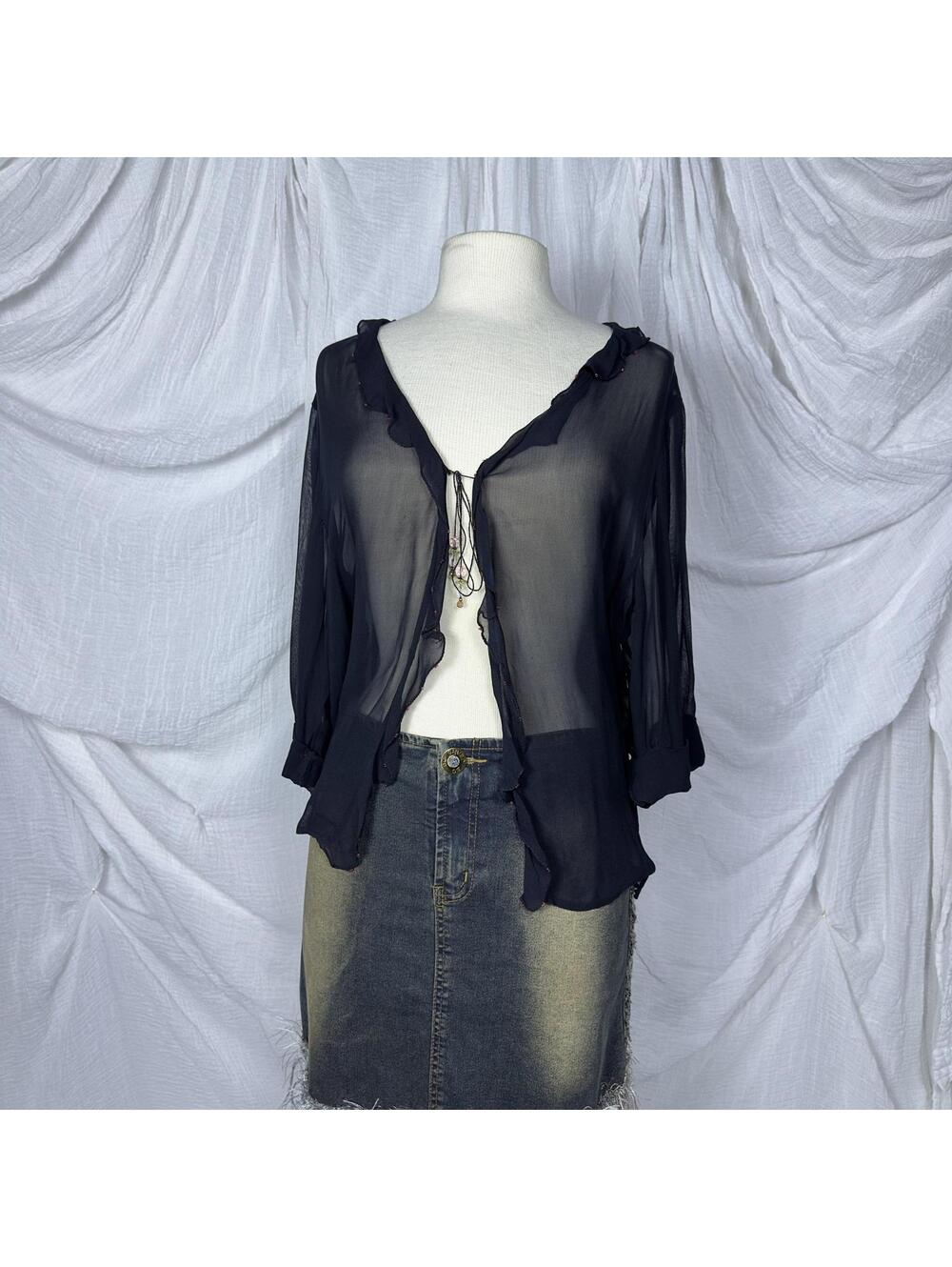 Boho sheer beaded black floral ruffled cardigan